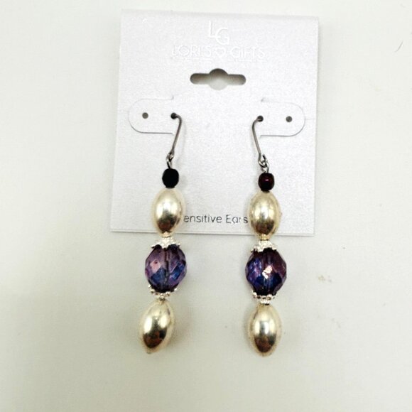 Lori’s Gifts Purple Faceted Bead Drop Earrings Silver Tone Dangle Sensitive Ears - Picture 1 of 4